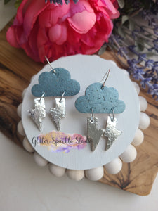 Pair of Mirrored Thunder Cloud with lightning bolts Dangle Earring Steel Rule Die